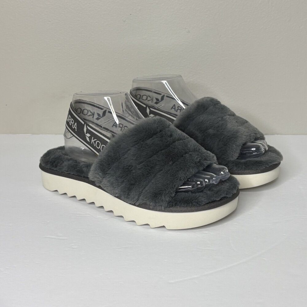 Koolaburra‎ By UGG Womens 7 Fuzz'N Il Slippers Gray Slip-on Back Strap Faux Fur